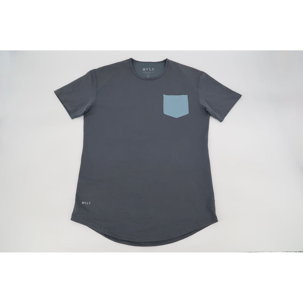 BYLT Drop Cut Lux Pocket T-Shirt Mens Medium Gray Blue Curved Hem Short Sleeve